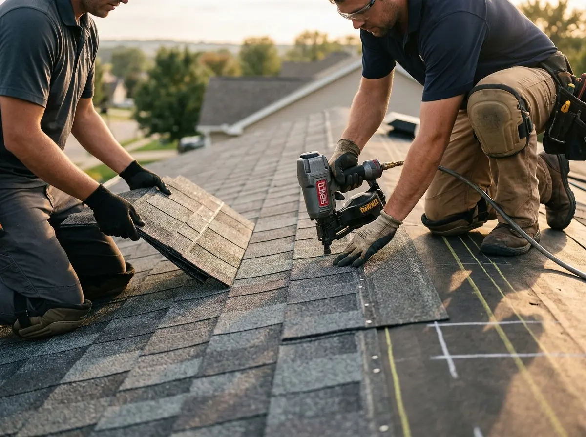 Professional roofer working on a residential roof in Somerton
